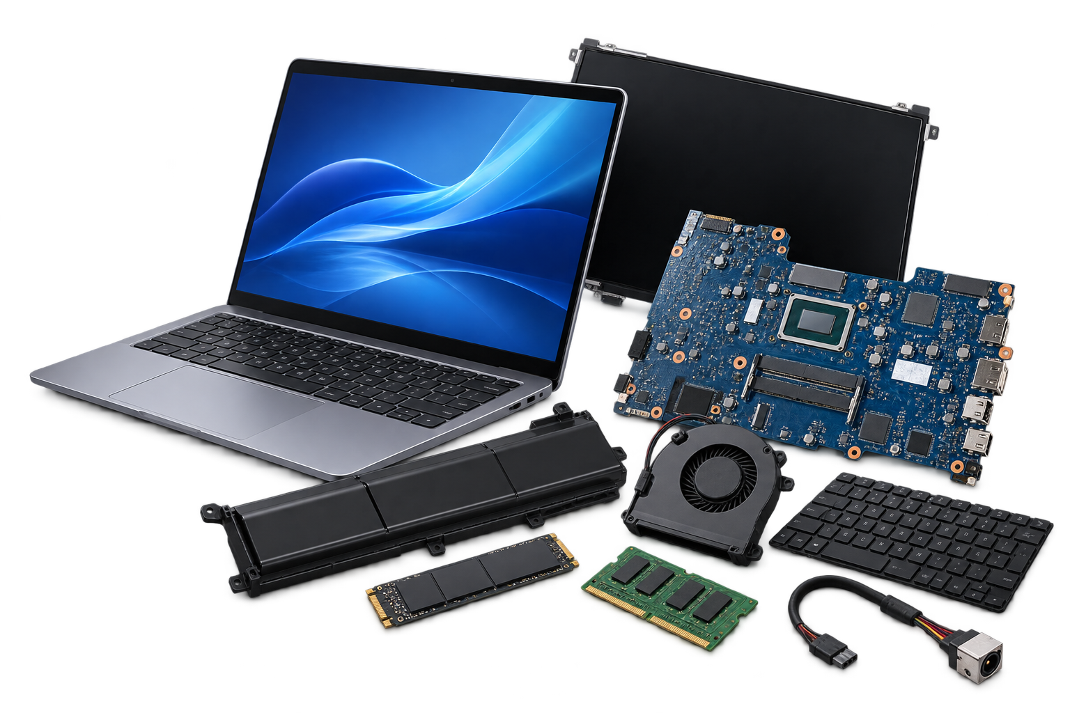Laptop spare parts including motherboard, battery, keyboard, fan and SSD